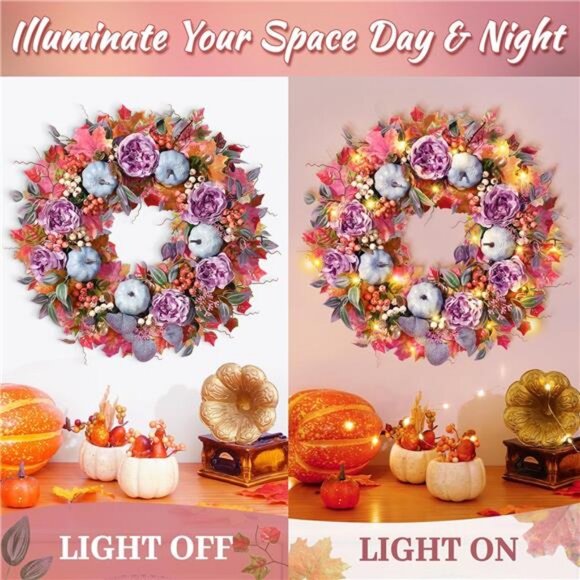 20" Autumn Wreath with‎ Silk Peony Maple Leaf & Pumpkin, Handcrafted with Lights - Picture 4 of 6